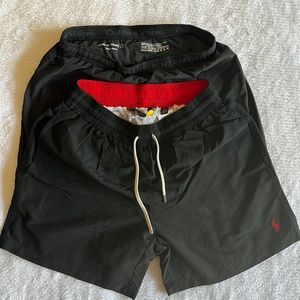Two items: Polo Ralph Lauren black shorts. Outdoor Voice black shorts.
